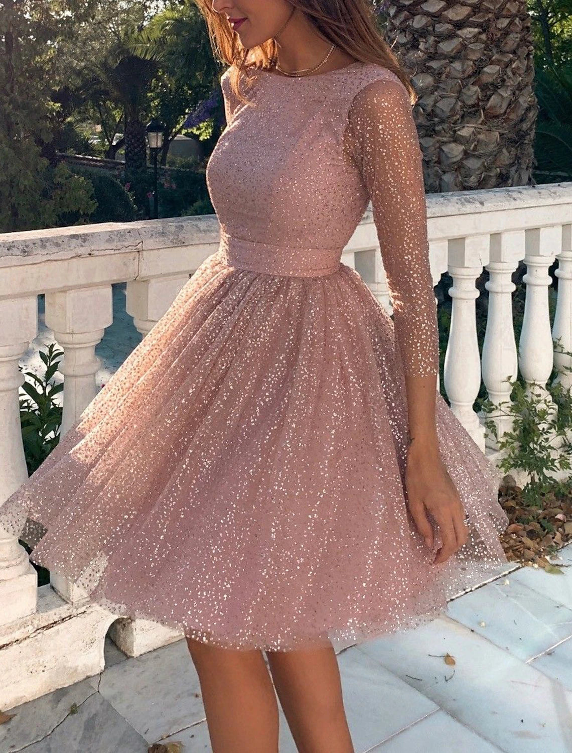 Abiti da cocktail a trapezio, graziosi abiti da ballo, laurea, lunghezza al ginocchio, maniche a 3/4, scollo gioiello, autunno, invitati a nozze, tulle con pieghe e paillettes